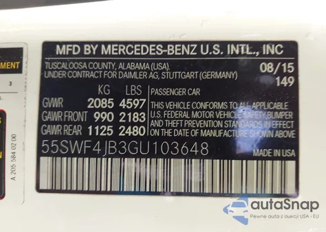 2016 Mercedes-Benz C 300 Luxury/Sport из США, поврежденный, VIN 55SWF4JB3GU103648